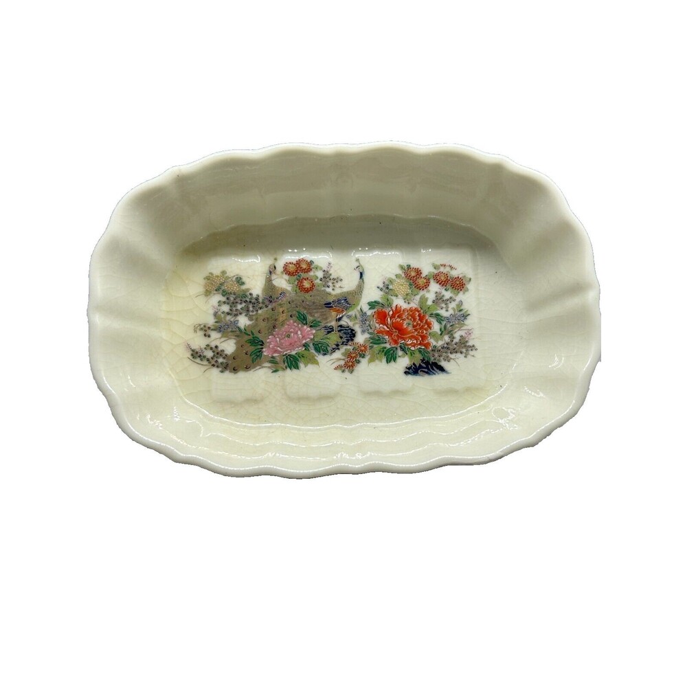 Porcelain Japan Gilded Peacock Flowers Crimped Edges Trinket Dish or Soap Dish